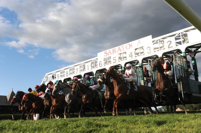 A low-angle shot of the Saratoga Race Course starting gate on the turf course, with a moody, partly cloudy sky above 
