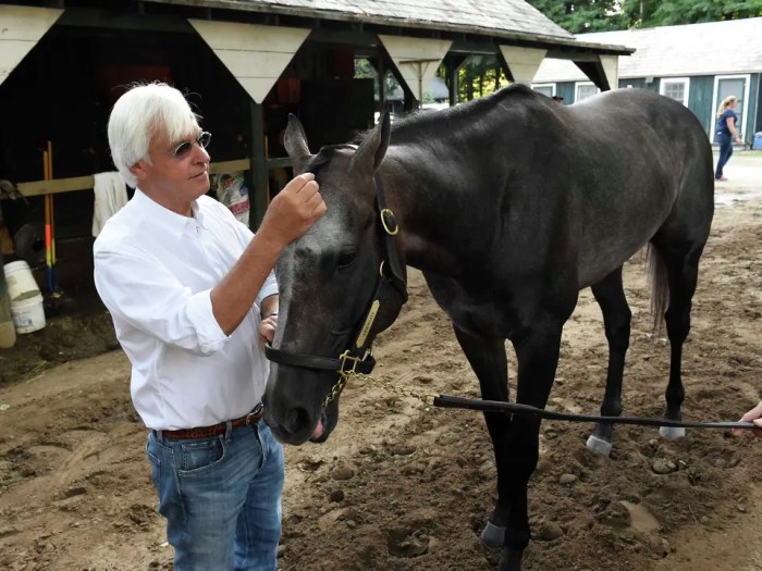 Bob Baffert, wearing a white button-down shirt and jeans, stands in his barn area at Saratoga Race Course, holding the gray/roan horse Arrogate and toying with the horse's forelock