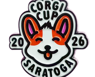 A black, white, orange, and pink pin reading "Corgi Cup 2026 Saratoga" with the image of a smiling corgi with its eyes closed