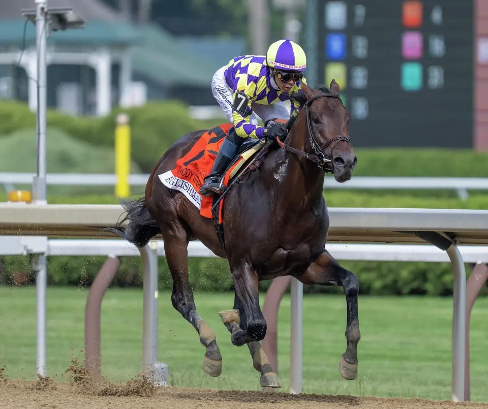 Englishman, a bay colt ridden by José Ortiz wearing silks adorned with purple and yellow diamonds, approaches the finish line at Saratoga Race Course en route to winning the Woody Stephens Stakes.